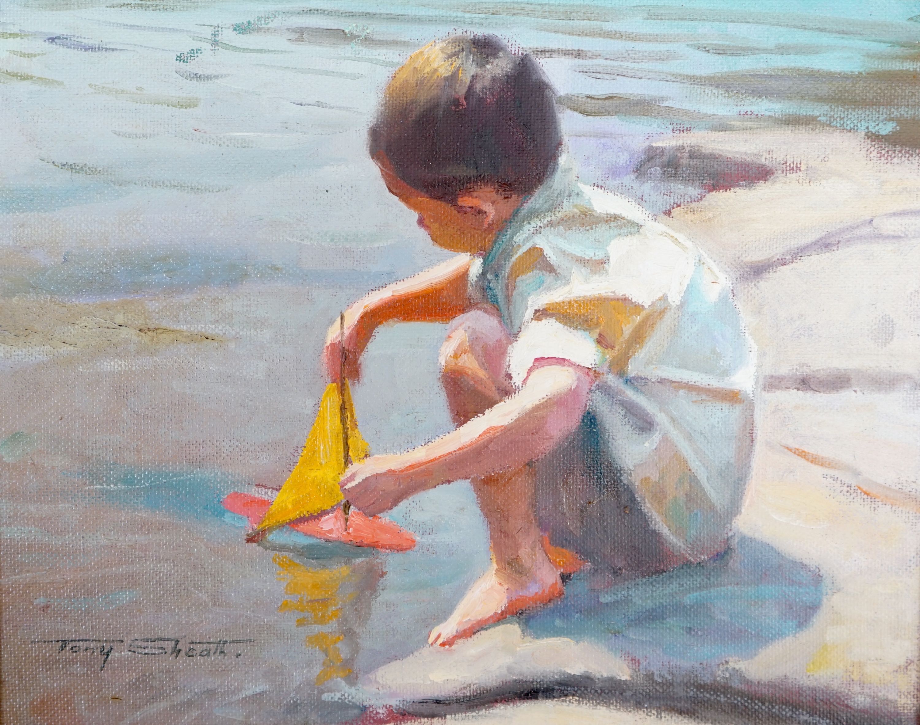 Tony Sheath (b.1946), oil on board, Boy with a toy sailing boat, signed, 20 x 25cm